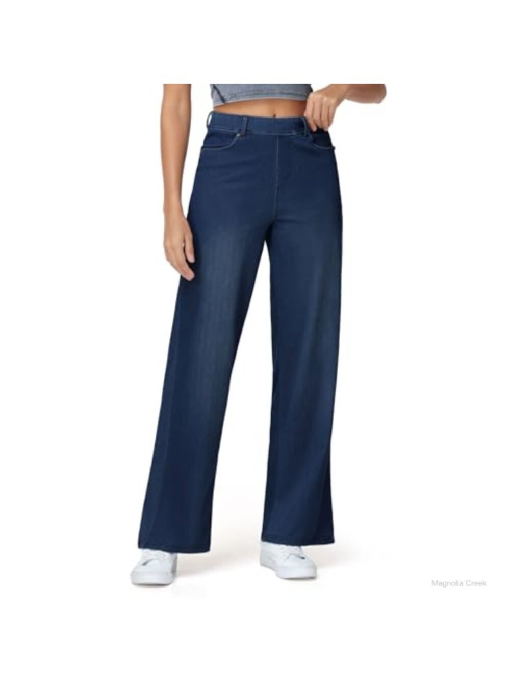 Wide Leg Pull On Jeans Stretchy Straight Denim Pants High Rise